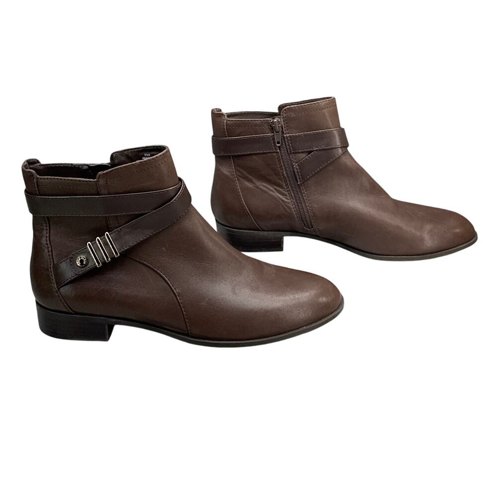 Anne Klein Kael Brown Leather Side Zip Buckle Strap Ankle Boots Women 9.5 - Picture 5 of 8